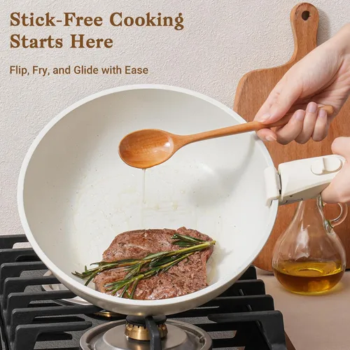 Miniatura 3 de SODAY Juego de 15 piezas de ollas y sartenes antiadherentes, juegos de utensilios de cocina con mango desmontable, herramientas de cocina RV Blanco