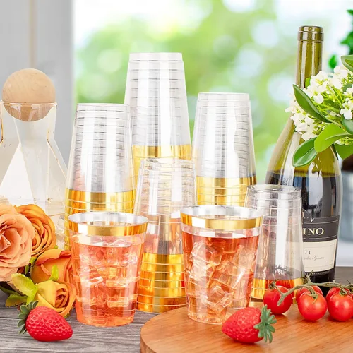 Miniatura 4 de Ciaell 120 vasos de plástico dorados, vasos de plástico transparente resistentes de 10 onzas con borde dorado, vasos desechables con borde dorado