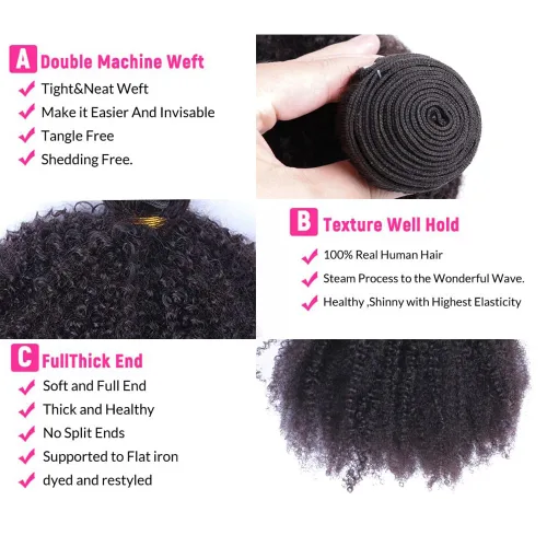 Miniatura 4 de Paquetes de cabello humano rizado afro mongol de 8, 8, 8 pulgadas, 4B 4C, afro, a granel, cabello humano virgen sin procesar, extensiones de cabello