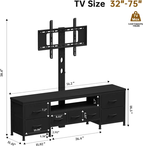Miniatura 2 de Soporte de TV con soporte para televisores de 45/55/65/75 pulgadas, soporte de TV de 51.2 pulgadas, centro de entretenimiento con 7 cajones de tela
