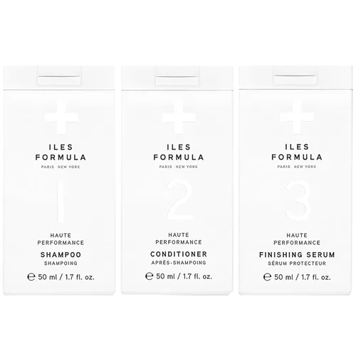 ILES FORMULA Mini Signature Collection - Champú y acondicionador hidratante de viaje con mini suero de acabado crema seca para cabello seco, dañado