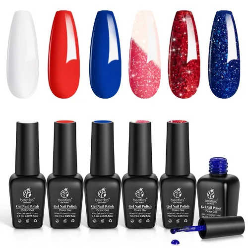 Miniatura 19 de beetles Gel Polish Juego de esmalte azul con purpurina de la colección de copos de nieve, color blanco, azul marino, plateado, gel de remojo
