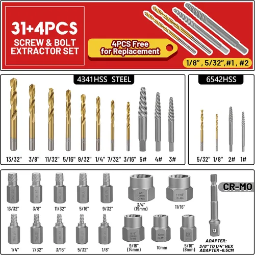 Miniatura 2 de Juego de 35 piezas de extractor de tornillos en espiral, juego de brocas HSS 6542/4341 de giro izquierdo, juego de extractor de pernos Easy Out