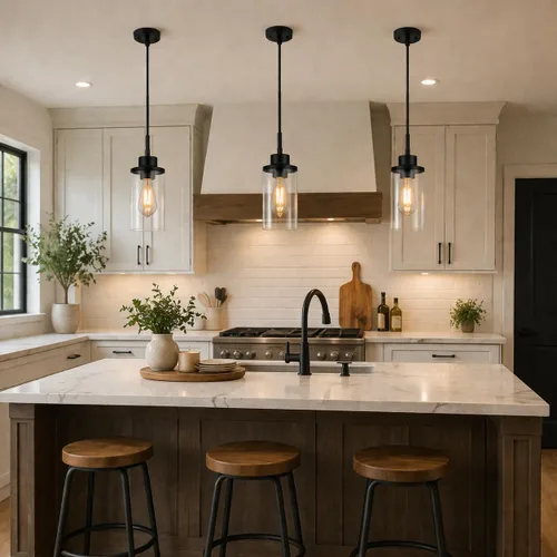 Miniatura 7 de Moderna Lámpara Colgante de Granja Negra de Vidrio Transparente Cilíndrico, Iluminación Colgante de Metal Industrial Mini para Isla de Cocina, Mesa