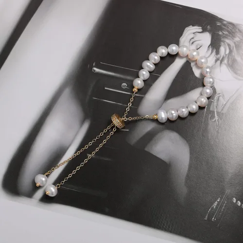 Miniatura 8 de Cowlyn Bossimi - Pulsera de perlas, eslabones de cultura barroca, chapado en oro de 14 quilates, ajustable, a la moda, dije de San Valentín, joyería