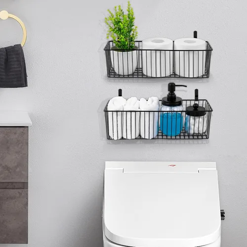 Miniatura 4 de Cesta de papel higiénico (paquete de 1) – Cesta de alambre negro de metal para decoración de cuarto de baño – Cestas de almacenamiento de alambre