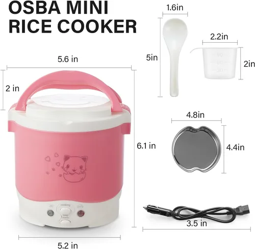 Miniatura 9 de OSBA Mini Arrocera, Arrocera de Viaje Pequeña de 1L 12V para Auto, Cocina para Sopa, Papilla y Arroz, Función de Cocinado, Calentamiento