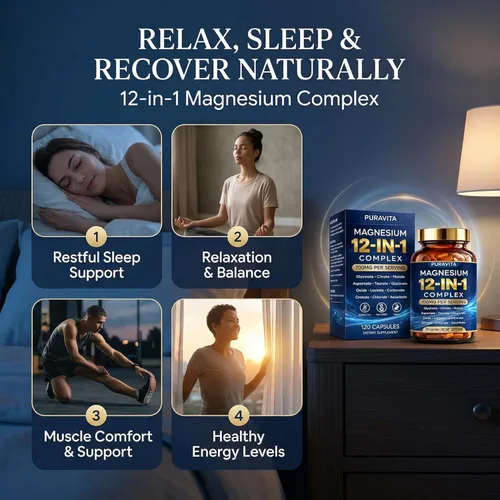 Miniatura 2 de Puravita Complejo de Magnesio, Puravita 12 en 1 Suplemento de magnesio 700 mg con glicinato, citrato, malato, óxido, taurato y más, alta absorción