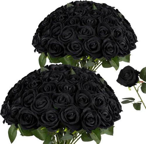 AmyHomie 48 rosas negras realistas de terciopelo con tallos flexibles para ramos de boda, baby shower, fiesta, decoración del hogar, flores falsas,