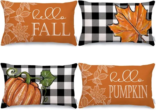 Miniatura 24 de GEEORY Juego de 4 fundas de almohada de otoño de 18 x 18 pulgadas, diseño de lunares, búfalo con nudo de lazo, calabazas, camiones, agradecimiento