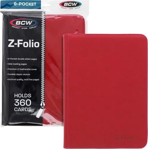BCW Z-Folio - Álbum LX de 9 bolsillos - Rojo | Organizador de tarjetas con cremallera segura | Carpeta de colección de tarjetas de cuero sintético