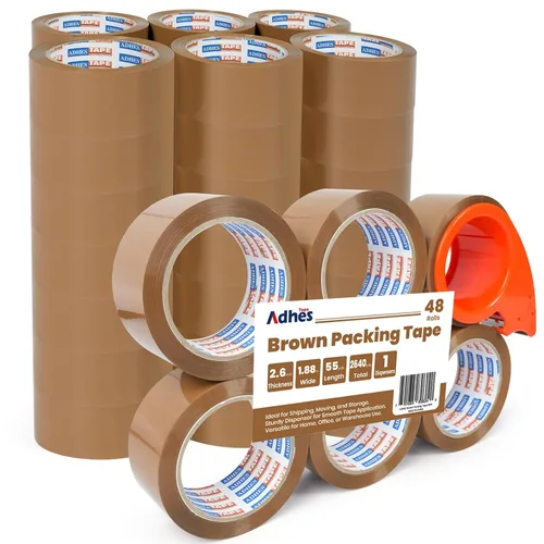 Miniatura 10 de ADHES - Cinta de embalaje marrón con dispensador, 2.6 mil, 1.88 pulgadas x 55 yardas, 6 rollos de cinta de envío resistente para cajas de mudanza