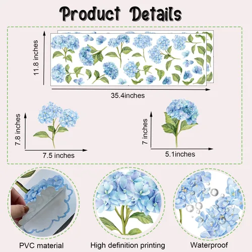 Miniatura 6 de Calcomanías de pared de hortensias azules de acuarela, calcomanías de pared de vinilo floral de flores, flores extraíbles con hojas verdes, arte