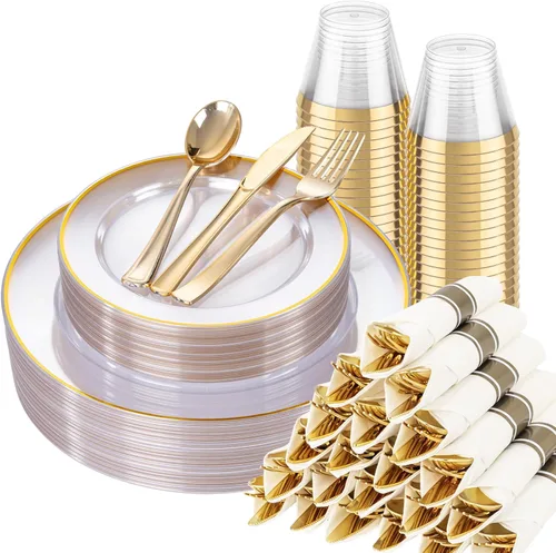 Miniatura 12 de SUT Juego de vajilla de plástico negro y dorado de 175 piezas para 25 invitados, incluye: 25 platos llanos, 25 platos de postre, 25 servilletas