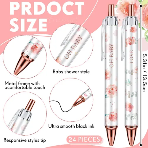 Miniatura 2 de Chuangdi 24 Piezas Bolígrafos Florales para Baby Shower Favores a Granel Bolígrafos Retráctiles Tinta Negra con Regalos para Invitados Suministros