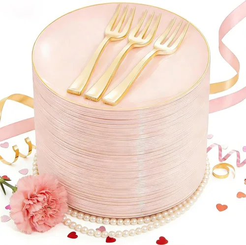 Miniatura 19 de Festiva 200 platos de postre dorados con purpurina de 6.3 pulgadas con tenedores de 5 pulgadas, platos pequeños de plástico para postre, pasteles