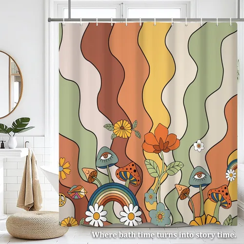 Miniatura 7 de Renaiss Juego de cortinas de ducha de 60 x 72 pulgadas, diseño de hongos bohemios, retro de los años 70, flores naranjas florales, divertidas