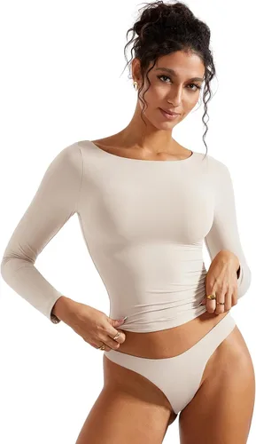 Miniatura 2 de SUUKSESS Camiseta de mujer con cuello redondo, manga larga, doblemente forrada, ajustada y corta