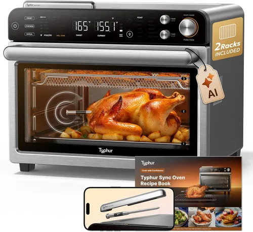 Miniatura 10 de Typhur Horno de sincronización con sonda de termómetro inalámbrico inteligente de carne, freidora de aire 12 en 1, combo de horno tostador, Acero
