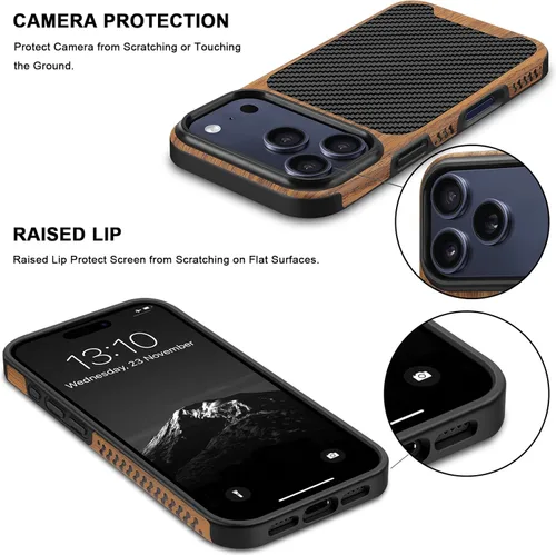 Miniatura 4 de TENDLIN Compatible con iPhone 17 Pro Max Funda de madera con textura de fibra de carbono Diseño de cuero híbrido delgado (negro)