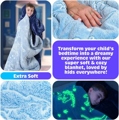Miniatura 3 de Saco de dormir para niños y niñas, brilla en la oscuridad para mayores de 3 años, grande con bolsillo para almohada, manta extra suave para niños