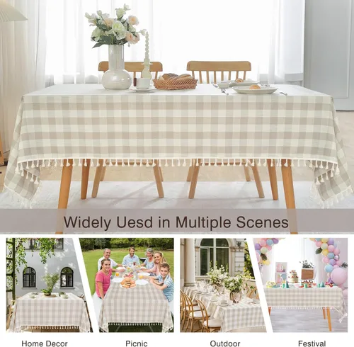 Miniatura 2 de JIALE - Mantel cuadrado de lino de algodón de cuadros Gingham con borlas, lavable, sin arrugas, mantel a cuadros de búfalo para fiesta al aire