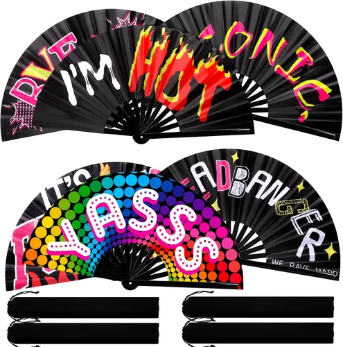 Miniatura 9 de FairySandy 6 abanicos grandes de bambú para rave, grandes abanicos plegables de mano con rave icónico adiós chino para mujeres y hombres, línea