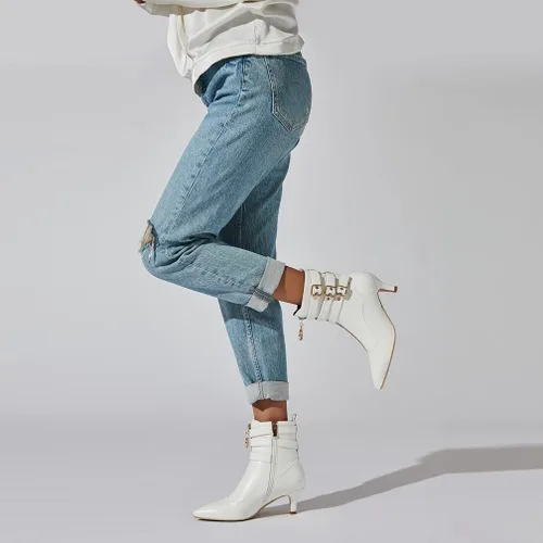 Miniatura 3 de KISSASA Botines de tacón de gatito con correa de hebilla para mujer, puntera puntiaguda, con cremallera