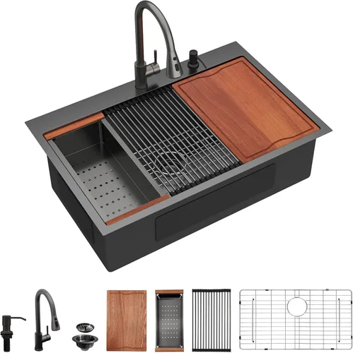 Miniatura 34 de Dcolora 33x22 Fregadero de cocina de acero inoxidable de 16 calibres, estación de trabajo de caída, fregadero de cuenco único grande, montaje