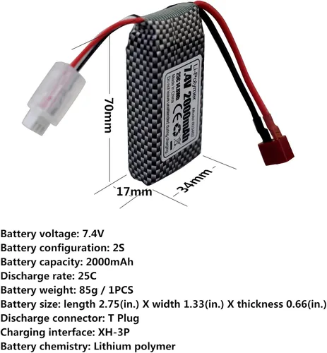 Miniatura 2 de Accesorio 2 unidades 7.4V 2000mAh T-Plug batería de litio para 9200 HB101 9200E 200E 9202E 9203E 9204E 9205E 9206E 2995 YC300 HM101 25-DJ02 9125