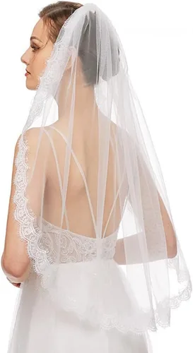 Miniatura 7 de Velo de novia de una sola capa, borde de encaje, velo de novia beige con peine de metal para boda, despedida de soltera, fiesta, 35.4 pulgadas