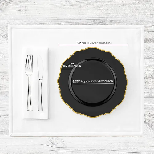 Miniatura 3 de Smarty Had A Party Elegante vajilla desechable de plástico, platos de ensalada de 7.5 pulgadas con borde de flores, color negro y dorado