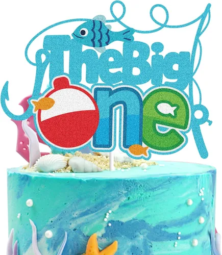 The Big One Happy Birthday Cake Topper Pesca Azul Purpurina Feliz 1er Cumpleaños Un Año de Edad Pasado Pequeño Pescador Decoración de Pasteles