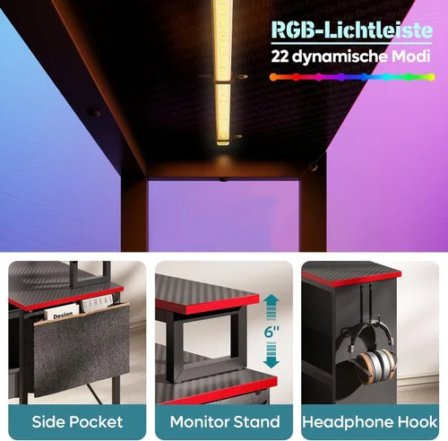 Miniatura 6 de Bestier Escritorio para juegos en forma de L con estantes de almacenamiento, escritorio de esquina reversible de 42 pulgadas con luces LED, mesa