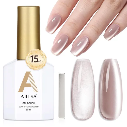 AILLSA - Esmalte de uñas de gel Cat Eye color nude con glitter de cristal, esmalte de uñas de vidrio con destellos, brillo reflectante translúcido,