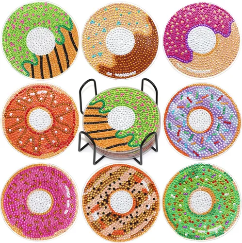 Kit de posavasos de arte de diamante con soporte, 8 posavasos de arte de diamante para adultos, niños, principiantes, regalos de manualidades (donas)