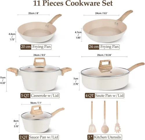 Miniatura 2 de M MELENTA Juego de ollas y sartenes antiadherentes, juego de utensilios de cocina de cerámica no tóxica, 11 piezas de utensilios de cocina de Crema