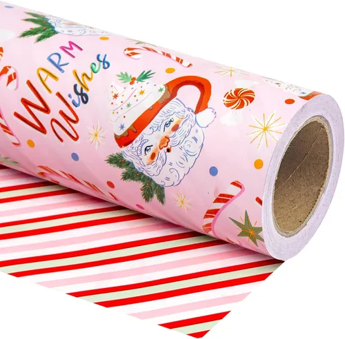 Miniatura 10 de WRAPAHOLIC - Papel de regalo de Navidad reversible, minirollo, 17 pulgadas x 33 pies, diseño de árbol de Navidad con letras “joy”, perfecto