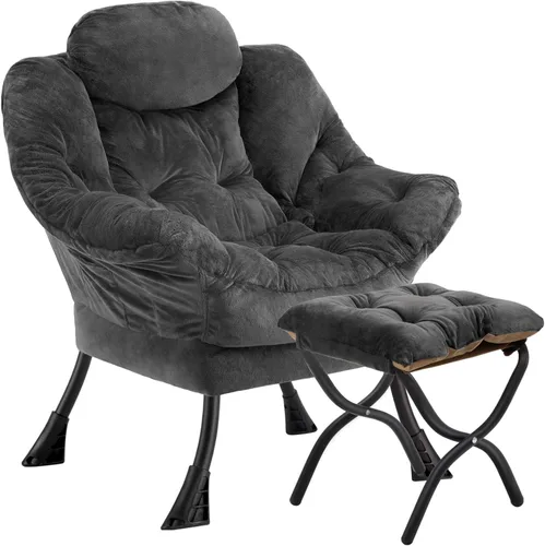 Miniatura 25 de Silla perezosa con otomana plegable, sofá de ocio, sillón de tela suave con reposabrazos y bolsillos laterales, silla de lectura con reposapiés