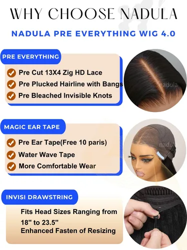 Miniatura 2 de Nadula Peluca de encaje Yaki de 10 pulgadas 13x4 HD con cordón – Peluca de cabello humano sin pegamento con cinta para las orejas, nudos invisibles
