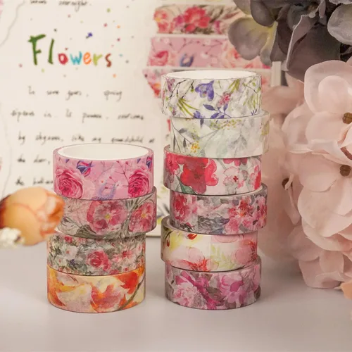 Miniatura 9 de YUBBAEX 10 rollos de cinta Washi con flores de primavera, juego de cintas decorativas para enmascarar (tono cálido)