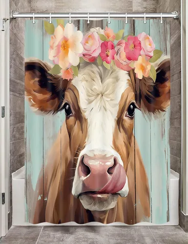 Miniatura 7 de JAWO Cortina de ducha de vaca de granja para baño, bonito juego de cortinas de ducha de tela de granja rústica sobre madera, divertidos accesorios