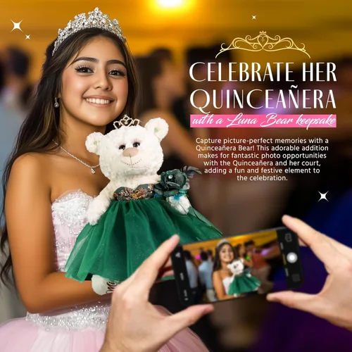 Miniatura 6 de KINNEX COLLECTIONS SINCE 1997 Oso de peluche pequeño de quinceañera con vestido, recuerdo decorativo para 15 años, OSO Quinceañera Decorativo Verde