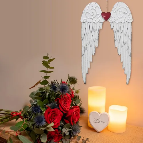 Miniatura 2 de K KILIPES Ala de ángel colgante para el día de San Valentín con decoración de corazón rojo, esculturas de arte de pared de alas de metal rústico