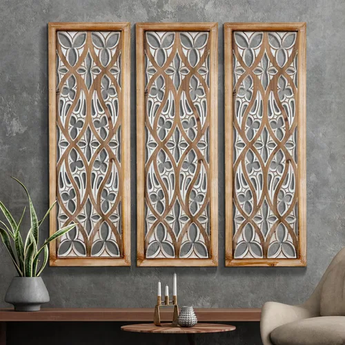 Miniatura 7 de XIAOAIKA Arte de pared de madera bohemia tallada a mano, paneles decorativos de pared grandes, escultura de madera envejecida antigua, elegante