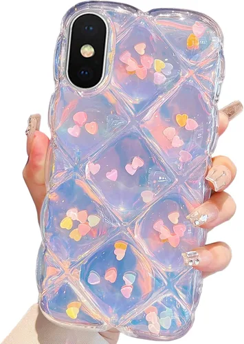 Miniatura 12 de Qokey Funda para iPhone XR de 6.1 pulgadas, lindo láser gradual Bling Love Heart Glitter Clear+Translucent Card Soft Wave Frame Anticaída 3D gruesa