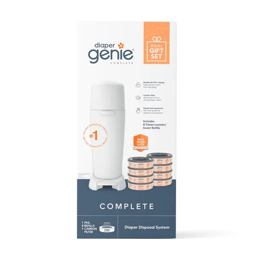 Juego de regalo para registro Diaper Genie | Incluye cubeta completa para pañales Diaper Genie, 8 bolsas de recambio, 1 filtro de carbón | Kit de