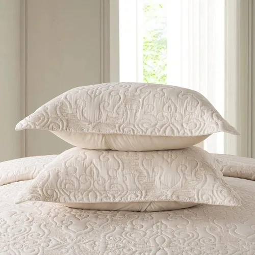 Miniatura 6 de NEWLAKE - Juego de cubrecama reversible de microfibra bordada con patrón floral en relieve en jacquard beige, tamaño queen