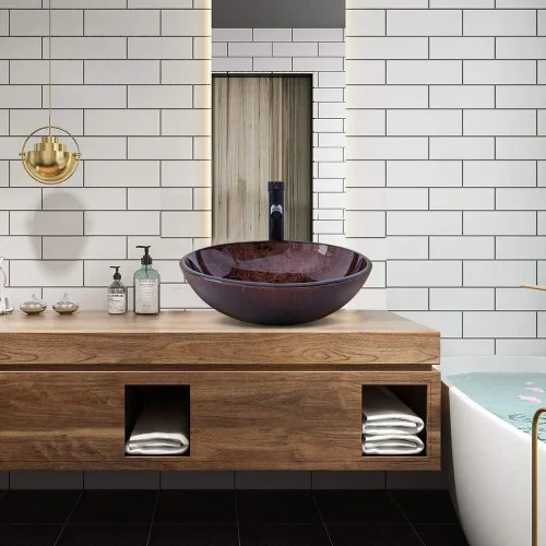 Miniatura 2 de Lavabo de Recipiente para Baño de 16.5" Lavabos de Recipiente de Vidrio Templado Marrón Lavabo de Arte Cuenco Redondo con Combo de Grifo Marrón