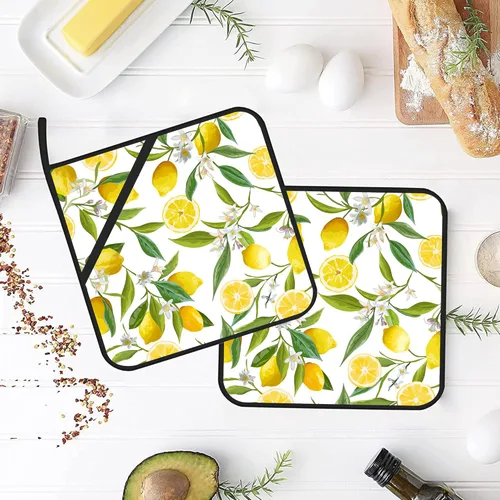 Miniatura 4 de Juego de 2 soportes para ollas de frutas de limón, resistentes al calor y antideslizantes, almohadillas calientes para horno de flores blancas